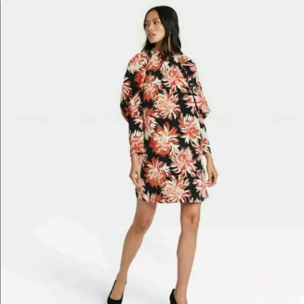 Who What Wear Mini Dress S Retro Mod Puff Long Sleeve Wallpaper Mums Print NWT